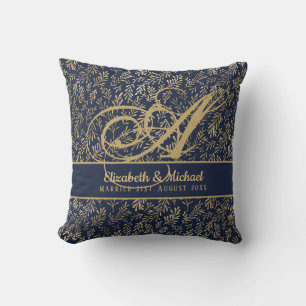 Coussin Mariage de la feuille d'or bleu de la marine Monog