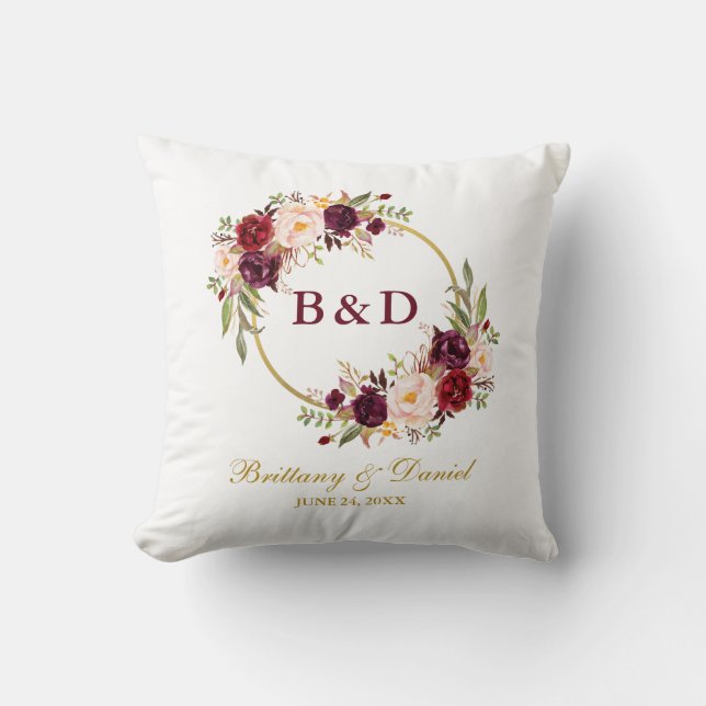 Coussin Mariage de monogramme de couronne florale de Bourg (Recto)