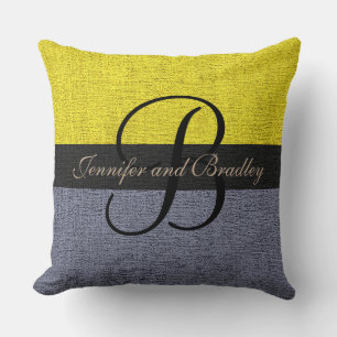 Coussin Mariage de monogramme élégant jaune et gris