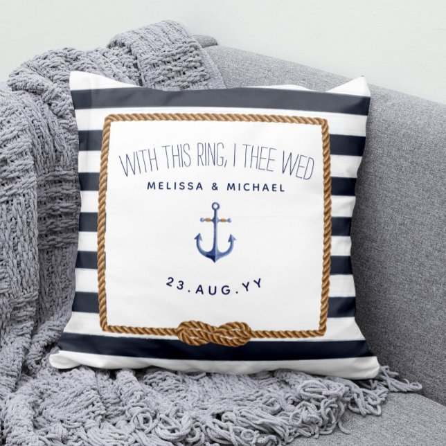 Coussin Mariage de porte-anneaux marine et blanc à infini  (Nautical Wedding Ring Bearer Keepsake Pillow with White and Navy Blue Stripes and Infinity Love Knot)