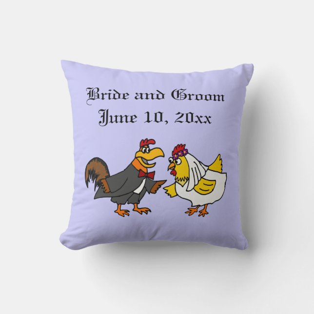 Coussin Mariage drôle de jeune mariée de marié et de poule (Recto)