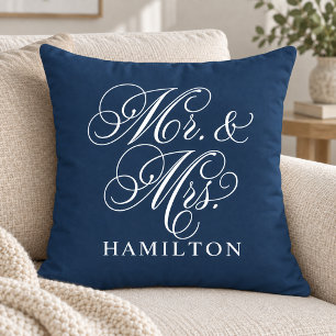 Coussin Mariage élégant Navy Monsieur et Madame Script