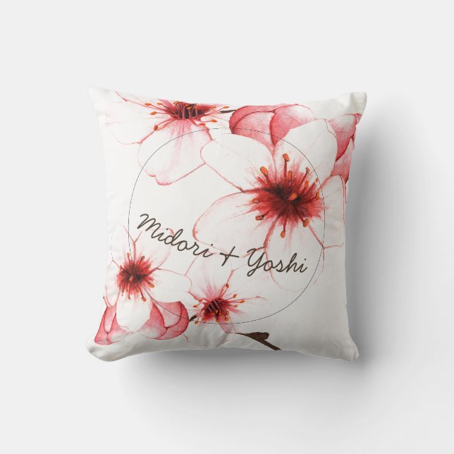 Coussin Mariage en fleurs de cerisier d'aquarelle moderne (Recto)
