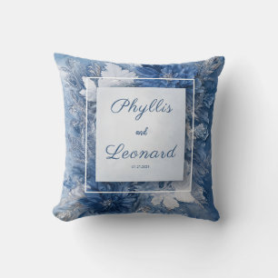 Coussin Mariage floral élégant bleu marbré