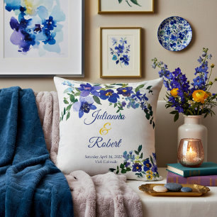 Coussin Mariage floral en aquarelle bleu et jaune