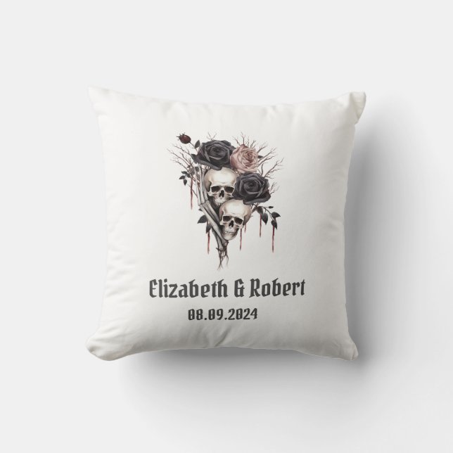 Coussin Mariage gothique noir Rose crânes (Recto)