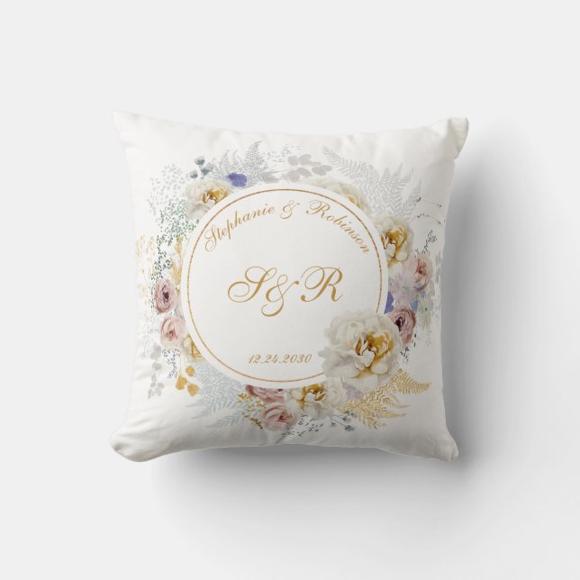 Coussin Mariage Monogramme Floral Or (Recto)