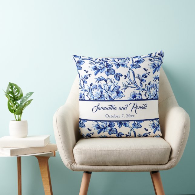 Coussin Mariage personnalisé bleu et blanc à motif toile d (Chaise)