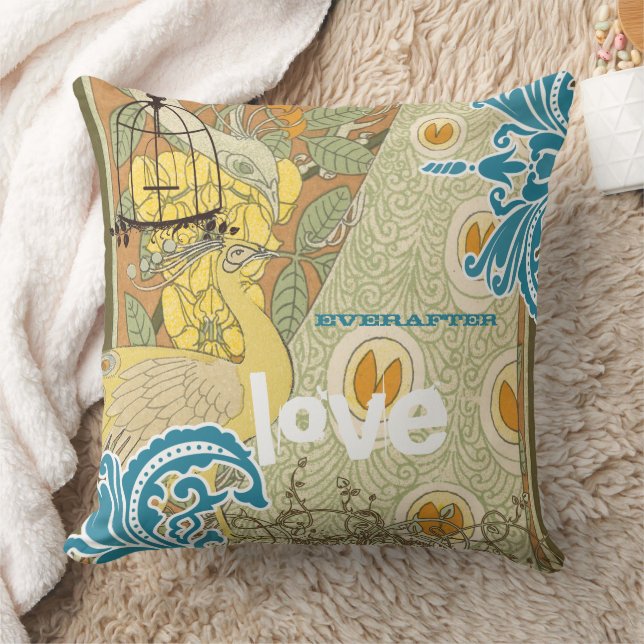 Coussin Mariage Turquoise Corail jaune et Olive Peacock Bi (Couverture)