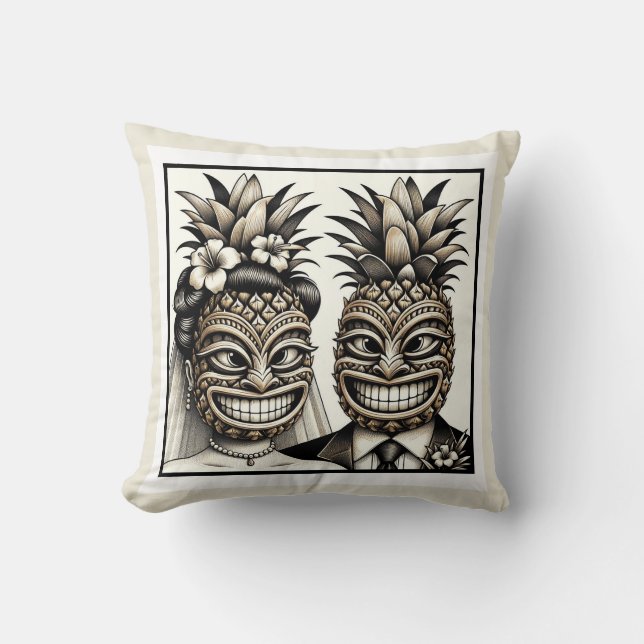 Coussin Mariée et marié Tête de Tiki d'ananas Aloha Mariag (Recto)
