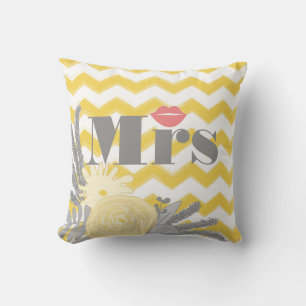 Coussin Mariée Mme Lips Grey Peach et Jaune Zig Zag