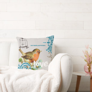 Coussin Mariée pour toujours Teal Corail Gris Oiseau Migno