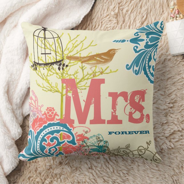Coussin Mariée Turquoise Damask Inséparable Birdcage Mme F (Couverture)