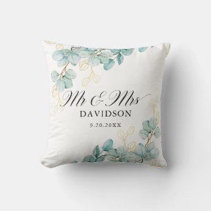 Coussin Mariés Émeraude et Or Eucalyptus Écriture Élégante