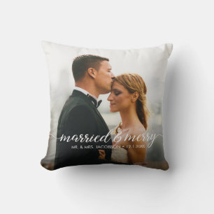 Coussin Mariés et joyeuses noces Photo du premier Noël