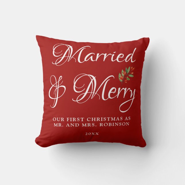 Coussin Mariés & Joyeux Notre premier Noël Mariés Rouge  (Recto)