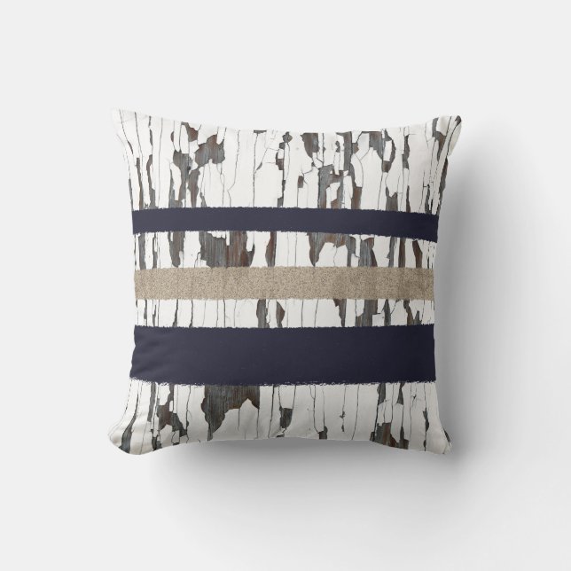 Coussin Marine / Beige / Blancs sur le bois peeling  (Recto)