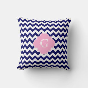 Coussin Marine Blanc Chevron ZigZag Rose Quatrefoil Monogr