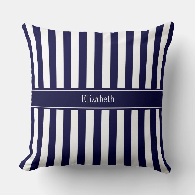 Coussin Marine Blancs Marine Bleu Ruban Nom Monogramme (Recto)
