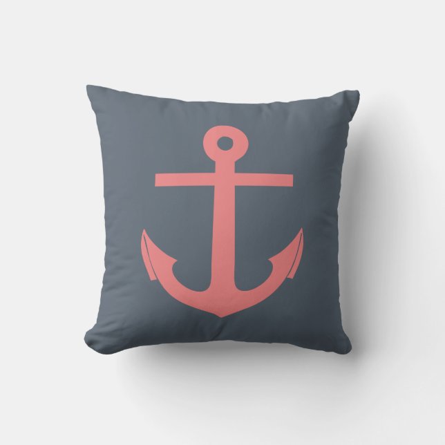 Coussin Marine Bleu et Ancre corail Nautique (Recto)