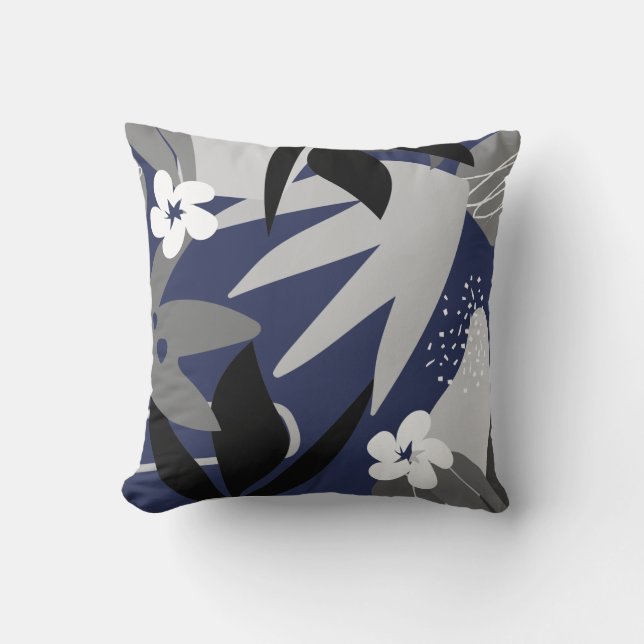 Coussin Marine Bleu et gris Artiste Abstrait Floral (Recto)