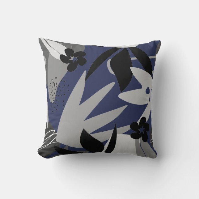 Coussin Marine Bleu et gris Artiste Feuilles Abstraits (Recto)