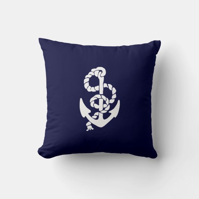 Coussin Marine Bleu Nautique Blanc Ancre Plage Jeter Pillo (Recto)
