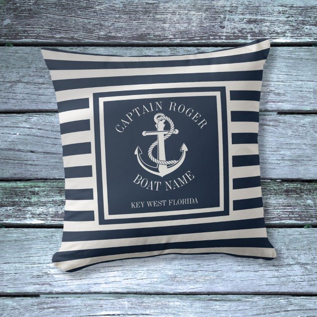 Coussin Marine Bleu Personnalisé Capitaine Ancre nautique (Navy Blue Personalized Captain Nautical Anchor Throw Pillow)