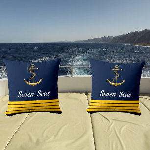 Coussin Marine bleu yacht bateau or ancre capitaine rayure