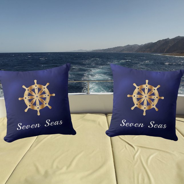 Coussin Marine bleu yacht nom de bateau or volant (Créateur téléchargé)
