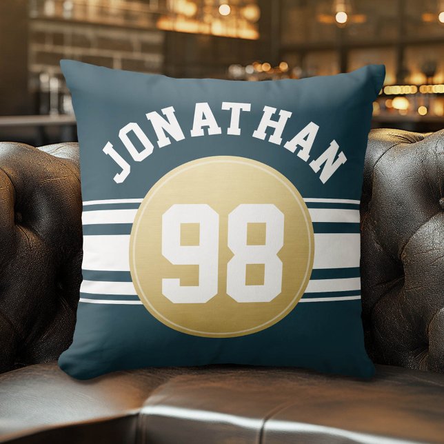 Coussin Marine Blue and Gold Sports Jersey Stripes Nom (Custom Pillow)