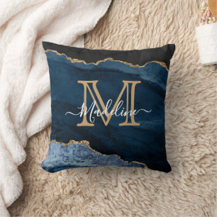 Coussin Marine Blue Gold Agate Monogramme Nom Script Initi