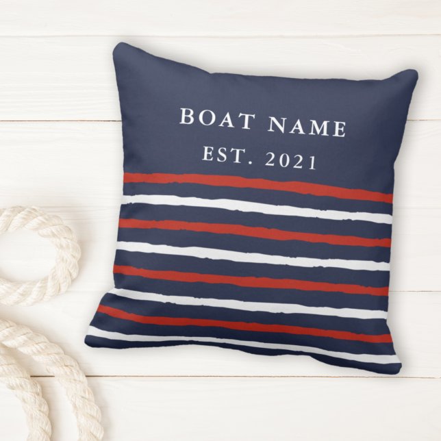 Coussin Marine Blue Red White Stripes Nom du bateau Nautiq (Créateur téléchargé)