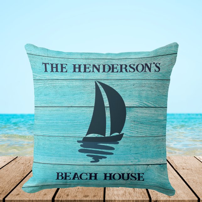 Coussin Marine Blue Sailing Boat Nom de famille Beach Hous (Créateur téléchargé)