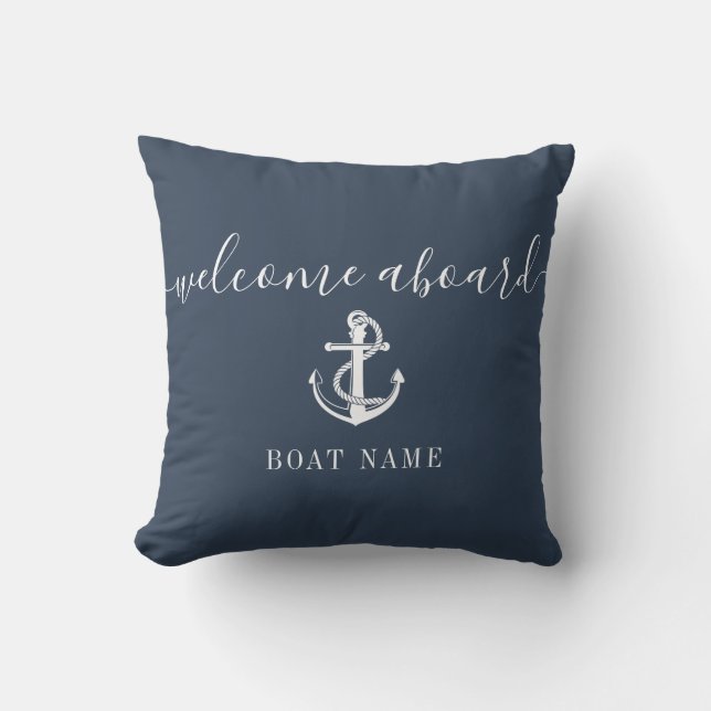 Coussin Marine Blue Welcome Aboard Nom du bateau Ancre (Recto)