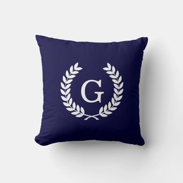 Coussin Marine Blue What Blé Laurel Wreath Initial Monogra (Recto)