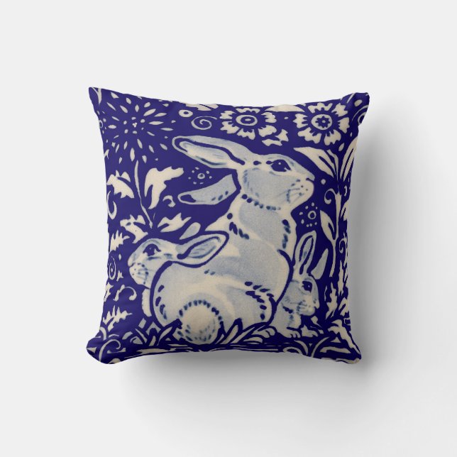 Coussin Marine Blue White Rabbit Mère & Bébés Chinoiserie (Recto)