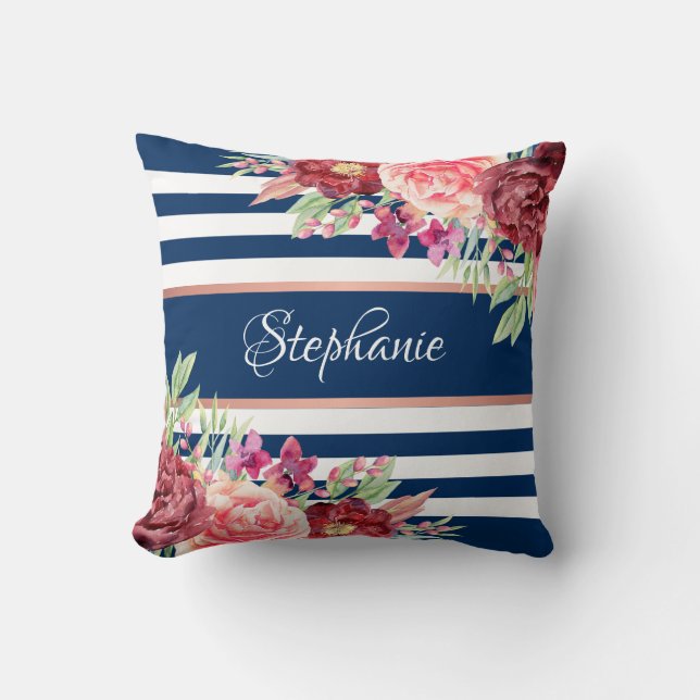 Coussin Marine Bourgogne Flore Stripes Nom Monogramme (Recto)