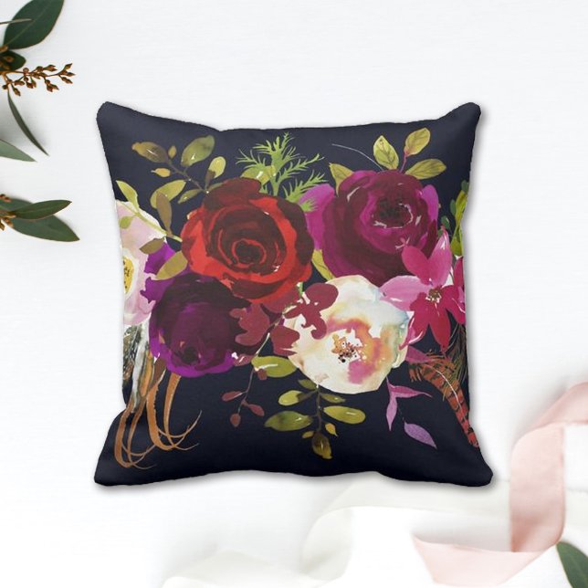 Coussin Marine Burgundy Marsala Rustique Bohème Floral (Créateur téléchargé)