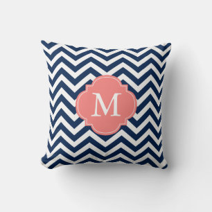 Coussin Marine Coral bleu Zigzag Motif Monogramme