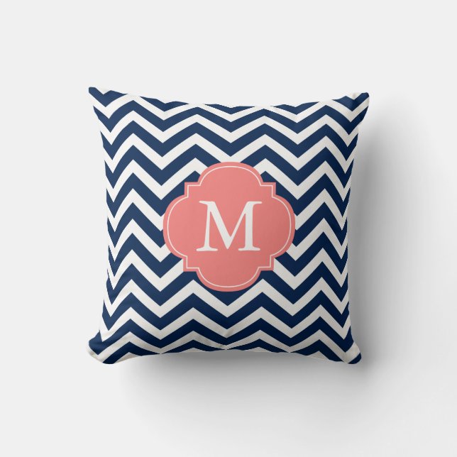 Coussin Marine Coral bleu Zigzag Motif Monogramme (Recto)
