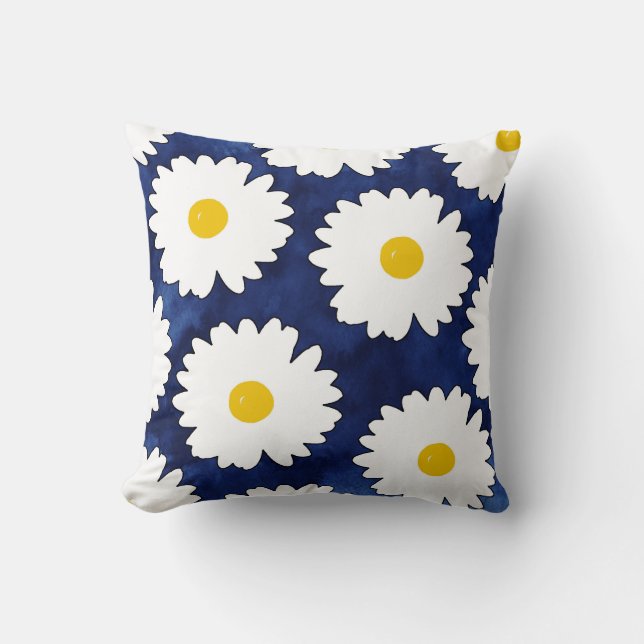 Coussin Marine jaune et marguerites blanches 2 (Recto)