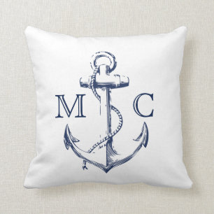 Coussin Marine nautique de monogramme + Ancre blanche de