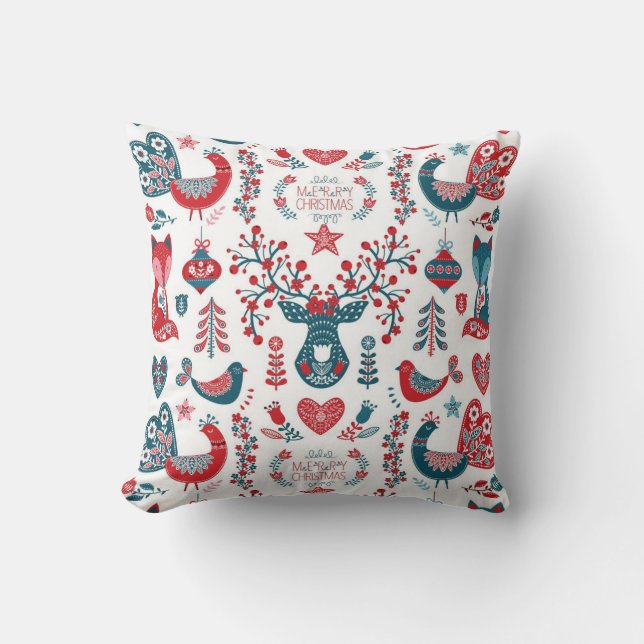 Coussin Marine & Red Christmas Scandinavian Folk Art Desig (Recto)