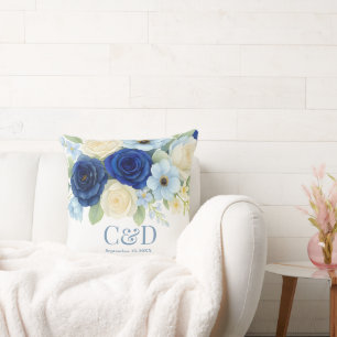 Coussin Marine Royal Bue Mariage Aquarelle couleur ivoire 