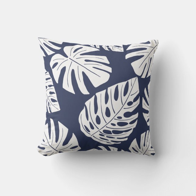 Coussin Marine tropicale Bleu Palm Blanc Monstera Feuilles (Recto)