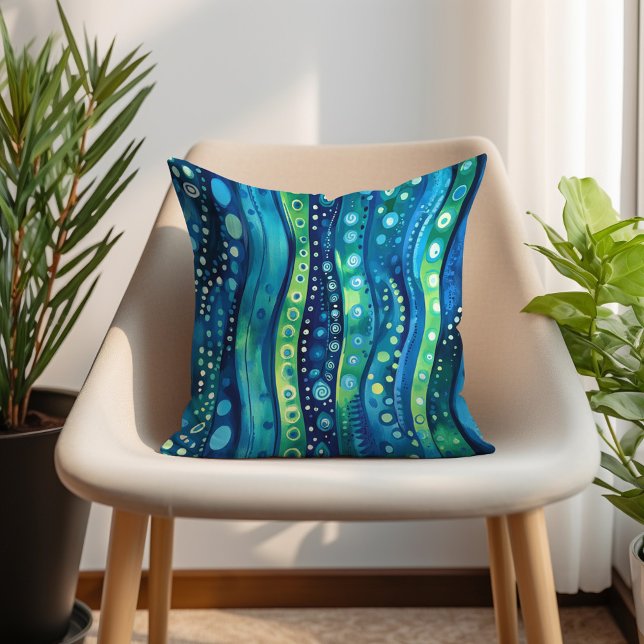Coussin Marine Turquoise Lime Bohemian Wavy (Navy Teal Lime Bohemian Wavy Striped Throw Pillow)