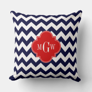 Coussin Marine White Chevron Red Quatrefoil 3 Monogramme