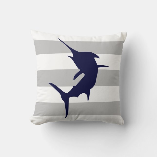 Coussin Marlin Bleu Marine Saut Sur Des Gris Et Des Blancs (Recto)