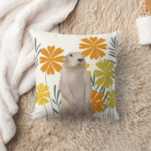 Coussin Marmotte de fond mignonne - Fleurs orange